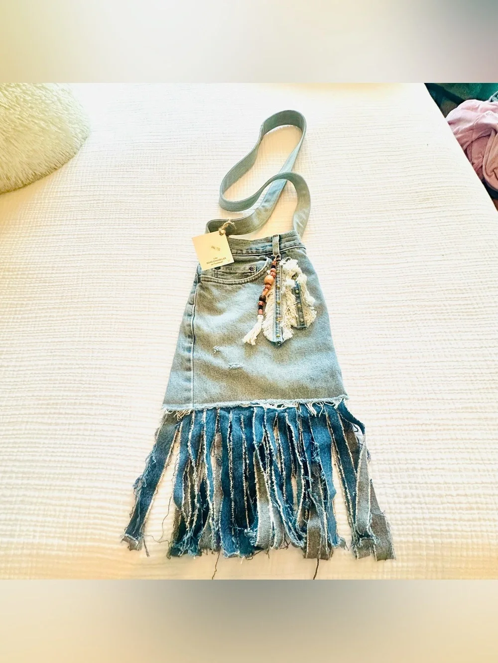 Unique BOHO Handmade Crossbody Upcycled Denim Fringed W/Beads Bag